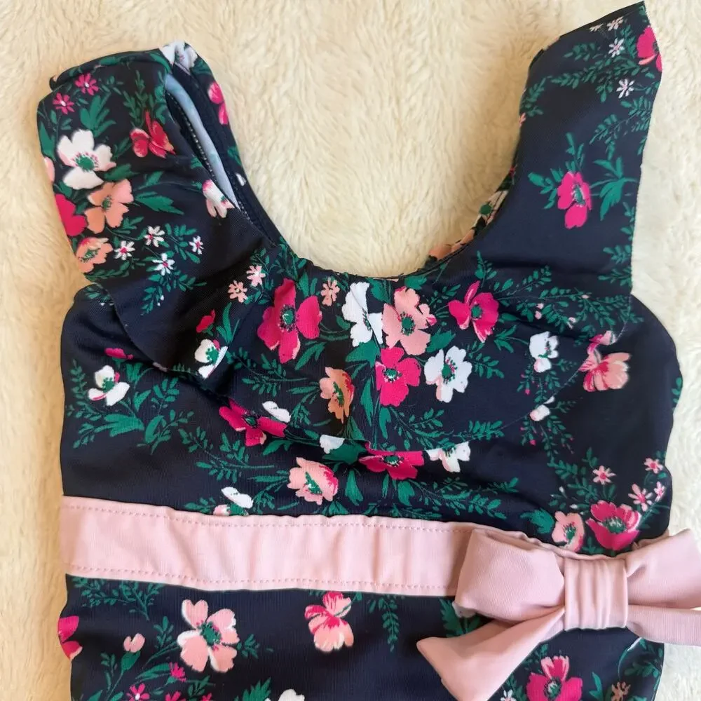 Janie Jack Swimsuit One Piece Navy Blue Pink Ruffle Bow Baby Girl 6-12 Months